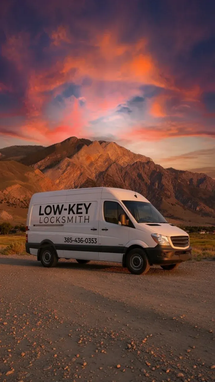Low-Key Locksmith mobile locksmith van parked below the Weber County foothills at sunset, ready for a lockout call in Ogden, Utah